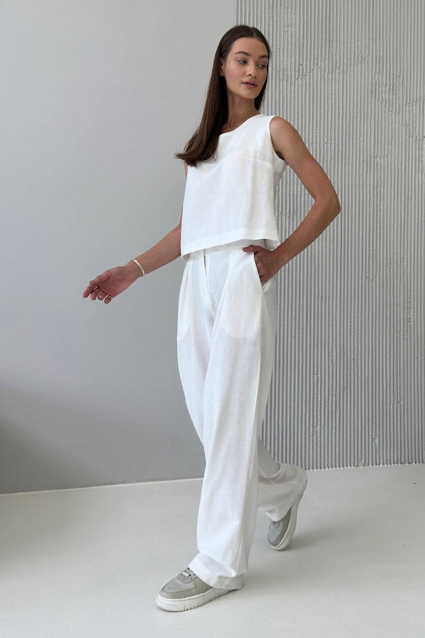 Стильні широкі жіночі брюки лляні базові з високою талією 44 розміри, фото 1