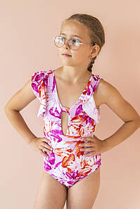 Дитячий суцільний купальник для дівчаток (арт. 14-212) 28р-36р. квітковий принт/рожевий 28