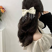 Шпилька-автомат для волосся Бант молочний зі стразами, великий бант для волосся "Luxury Milk"