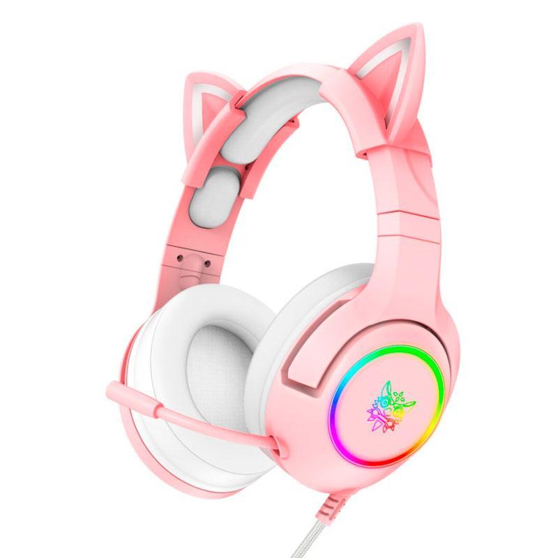 Навушники ігрові ONIKUMA K9 з мікрофоном та LED RGB підсвічуванням (котячі вушка, рожеві, геймерські)