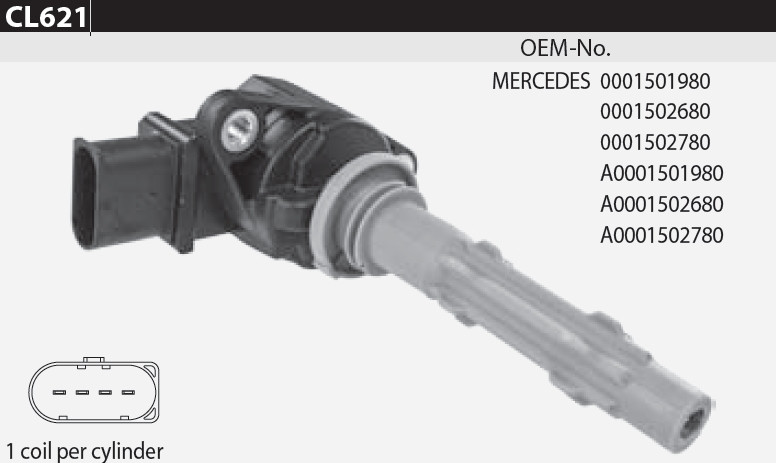 Котушка запалювання Tesla CL 621 для MERCEDES C-Class (203, 204), CLC-Class (203), CLK (209), CLS (219), E-Class (211, 212, 207),