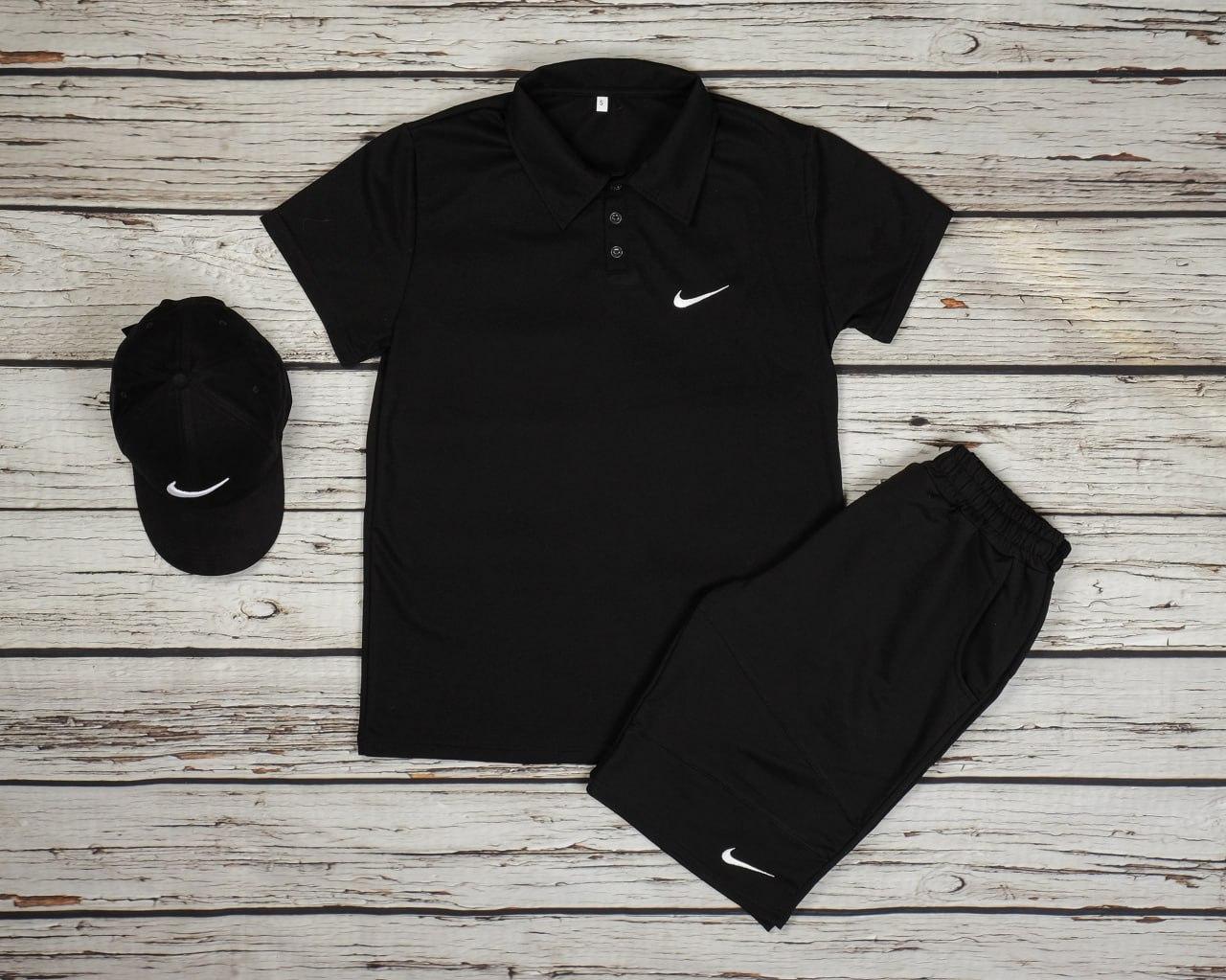 Чоловічий літній костюм Nike Поло + Шорти + Кепка бавовняний комплект найк чорний