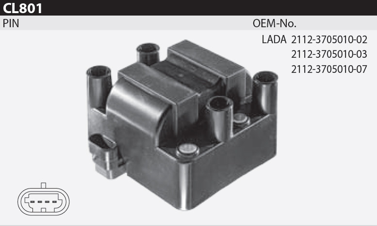 Котушка запалювання Tesla CL 801 для ВАЗ 110,111,112,2107,2120,2109,2110-12,2115, 1,5/1,5 16V/1,7/1,7 і Газель Bus/Flatbed/Van