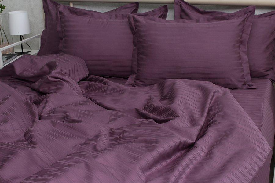 Євро комплект постільної білизни PrimaTeks Multistripe MST-02 100% бавовна страйп сатин слива, фото 1