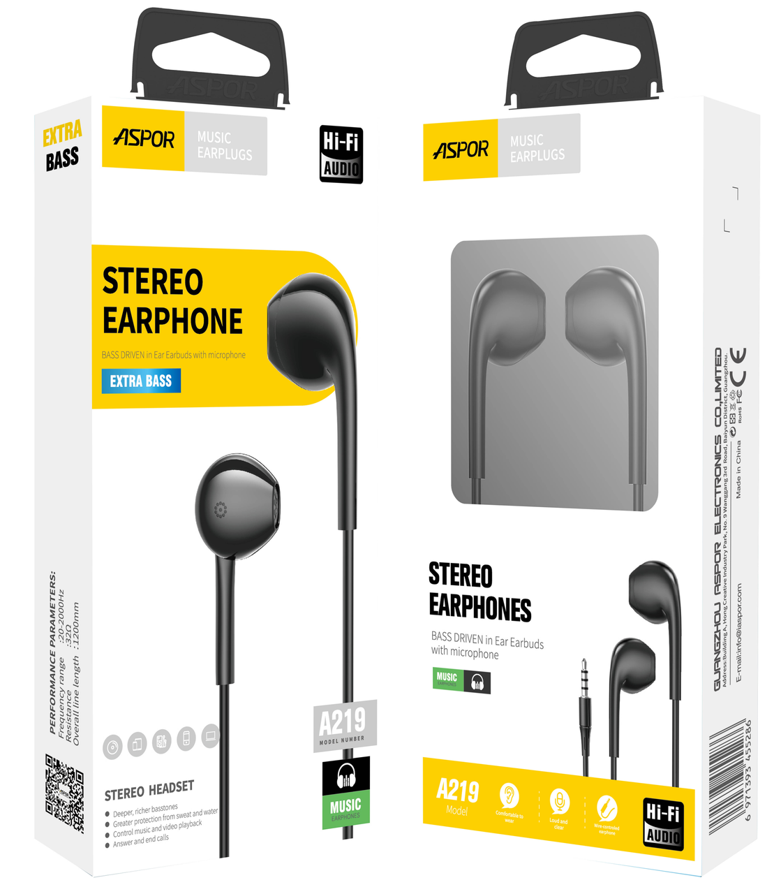 Навушники з мікрофоном Aspor A219 Stereo Earphone (3.5мм)- чорний, фото 1