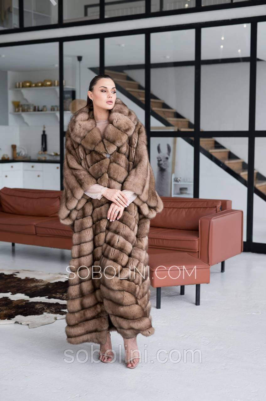Довга шуба Соболь Тортора 140 см довжина, з капюшоном у стилі кімоно, фото 1