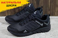 Осенние кроссовки мужские кожа Adidas, черные кожаные кроссовки из кожи *Тр-1-черн А-3 ч\б*