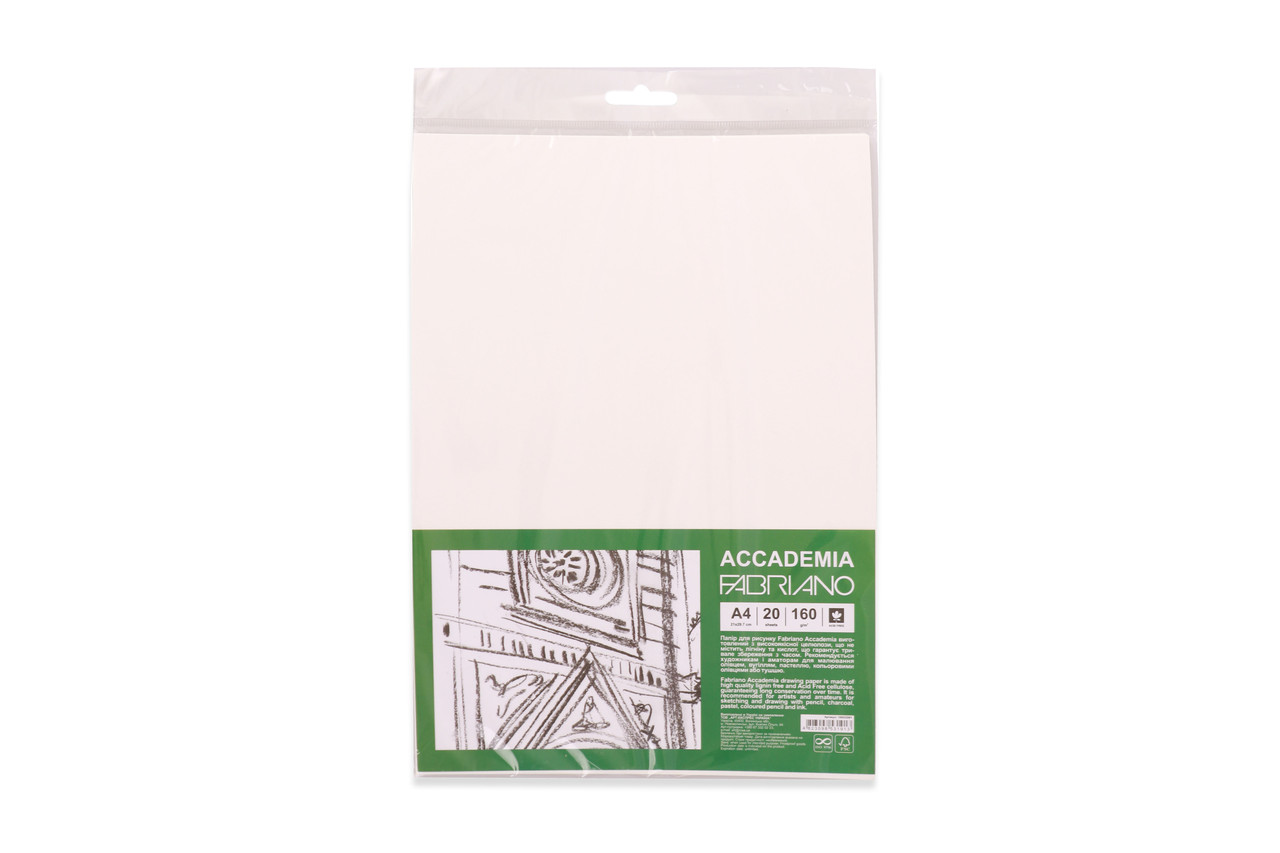 Папір для малюнка Accademia, пакет, А4 (21*29,7см), 20л, дрібне зерно, 160г/м2, Fabriano