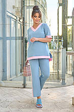 Стильний жіночий костюм Сольєр блакитний з рожевою обробкою (46-64)