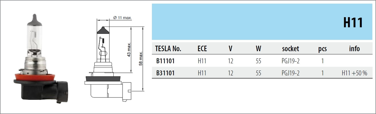 Автомобільна лампа Tesla B 31101. Тип - H11, вольт - 12, ватність - 55, роз'єм - PGJ19-2, відмінність - +50% света, фото 1