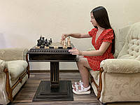 Шахматный стол "Black Stone" с двумя ящиками для хранения фигур и шахматы "Elite". На низкой ноге.
