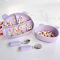 Силиконовая посуда для детей: 2 тарелки (секционная и глубокая), ложка, вилка; для прикорма «Мишка» (лаванда)
