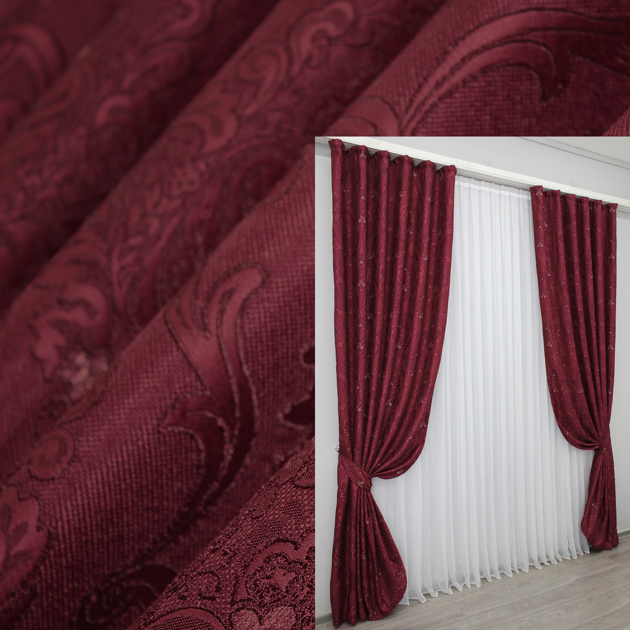 Комплект штор (2шт. 1,5х2,7м.) Льон, колекція "Корона". Колір бордовий. Код 1246ш 33-0079, фото 1
