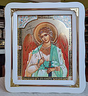 Ікона Ангел Хранитель в білому дерев'яному фігурному кіоті під склом, розмір кіота 30×26, лік 20×24