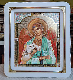 Ікона Ангел Хранитель у білому фігурному дерев'яному кіоті під склом, розмір кіота 30×26, сюжет 20×24.