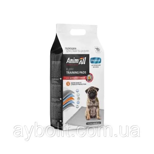 Пелюшки AnimAll Puppy Training Pads для собак і цуценят, з активованим вугіллям, 60×90 см, 10 штук