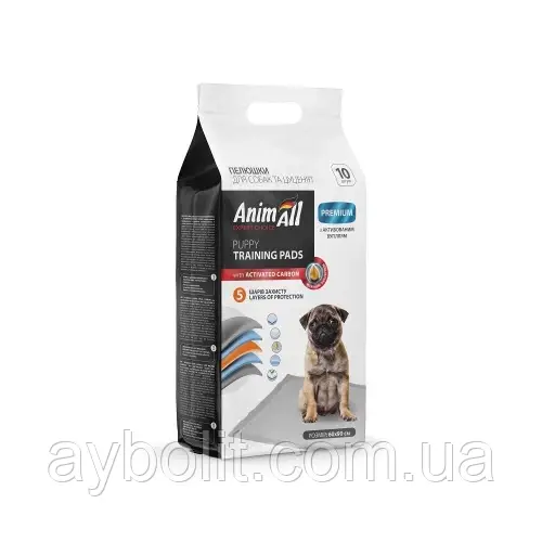 Пелюшки AnimAll Puppy Training Pads для собак і цуценят, з активованим вугіллям, 60×90 см, 10 штук