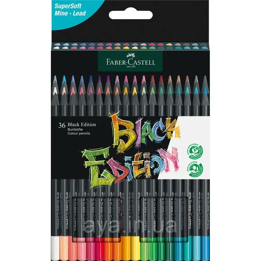 Олівці кольорові для чорного, білого, кольорового паперу Faber-Castell Black Edition (36 шт) 116436, фото 1