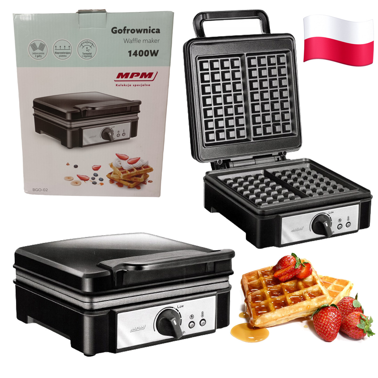 Вафельниця для квадратних бельгійських вафель MPM BGO-02 (1400 Вт, термостат, Польща)