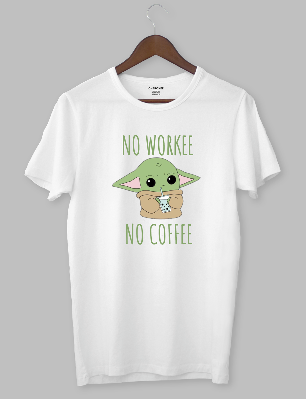 Футболка  з принтом Бейбі Йода "NO WORKEE NO COFFEE"