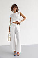 Літній жіночий костюм зі штанами та топом із зав'язками — білий колір, M (є розміри)