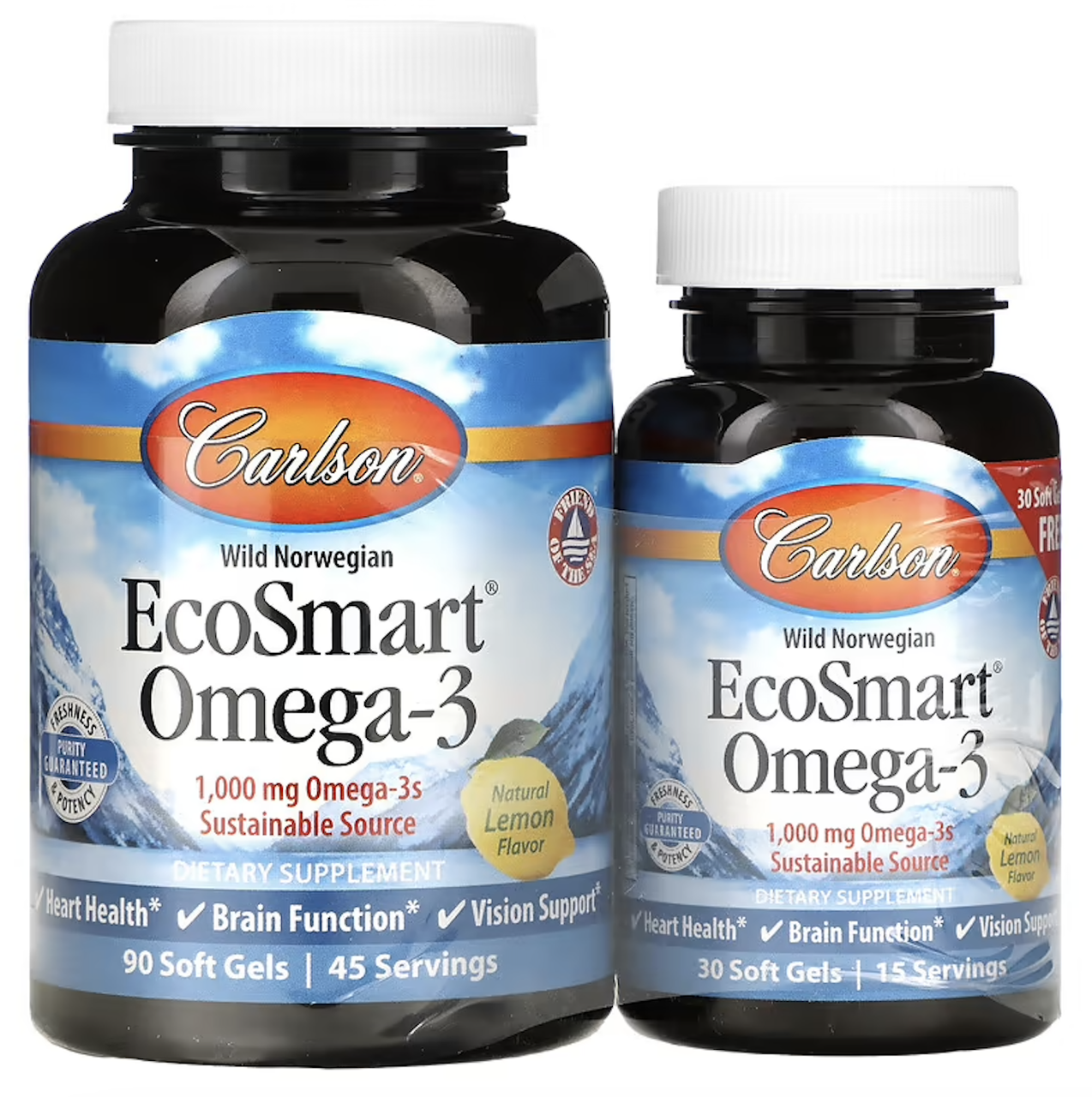Carlson, EcoSmart Omega-3, натуральний ароматизатор «Лимон», 1000 мг, 90 + 30 желатинових капсул
