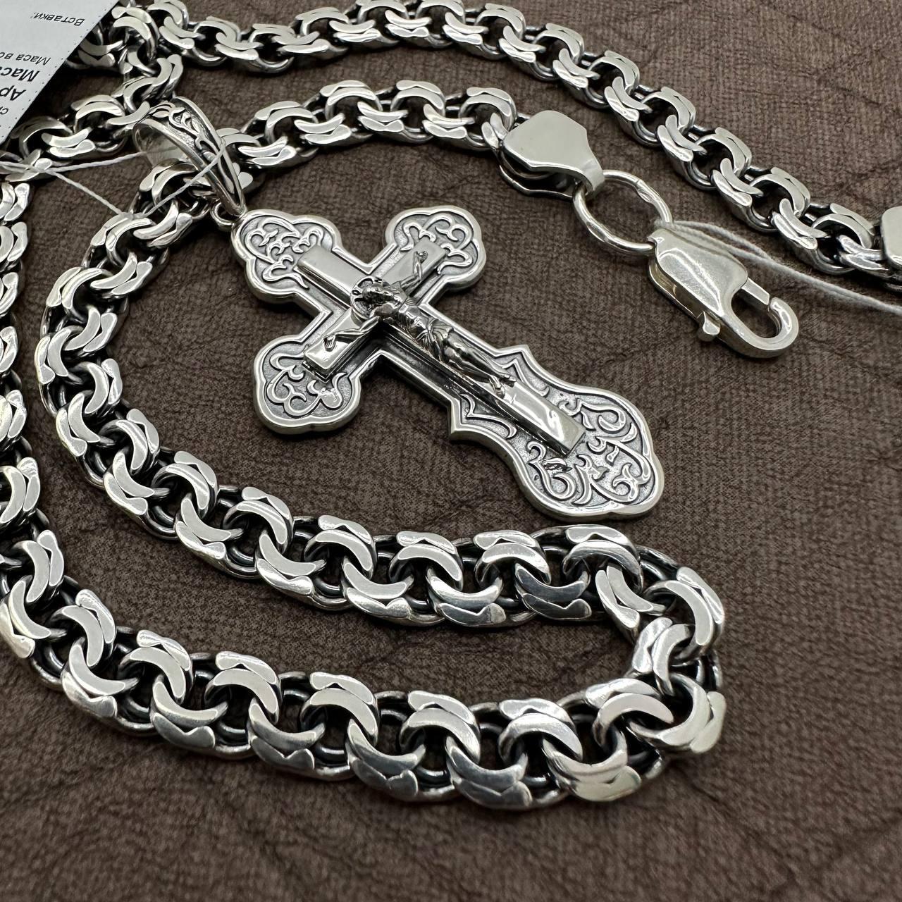 Срібний чоловічий комплект із чорнінням 925 проба хрест та ланцюжок