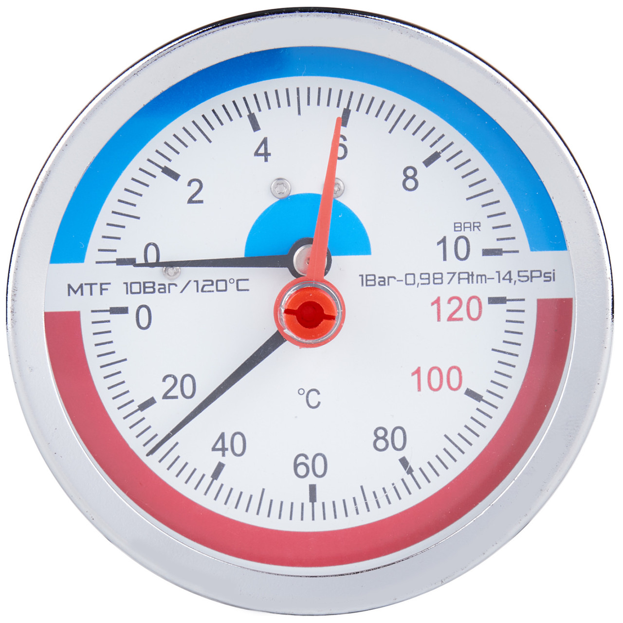 Термоманометр SANDIPLUS на 10 бар із заднім підключенням 1/2" корпус Ø80 мм 120°C SD17310B, фото 1