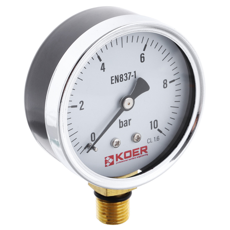 Манометр для тиску води KOER KM.610R на 10 бар з нижнім підключенням 1/4" Ø63 мм KR0205, фото 1