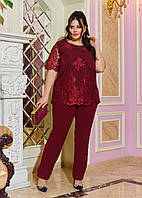 Женский бордовый нарядный костюм с вышивкой на сетке большие размеры 58-60