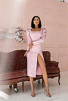 Коктейльное розовое атласное платье-футляр миди с поясом и разрезом М
