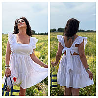 Женское повседневное летнее белое платье короткое с завязками на спине