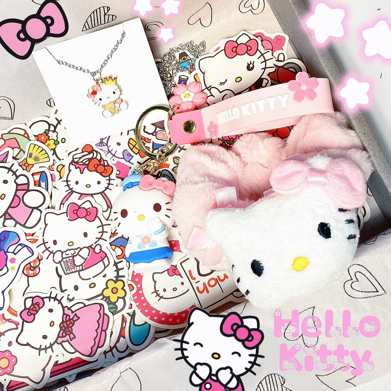 Подарунковий набір 4в1 аніме Хеллоу Кітті (Hello Kitty): гумка для волосся, підвіска, брелок, стикери / - фото 1 - id-p1885992024