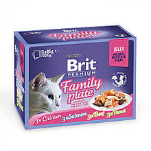 Набір вологих кормів для котів Brit Premium pouches «Сімейна тарілка філе в желе», асорті із 4 смаків, 12 шт. х 85 г