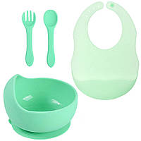 Набор посуды 2Life глубокая тарелка Y13, ложка, вилка и слюнявчик Зеленый (vol-10463)