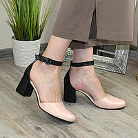 Туфли женские кожаные на каблуке. Цвет пудра/черный