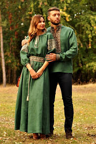 Парний комплект - чоловіча вишиванка глибокого зеленого відтінку та жіноча вишита сукня