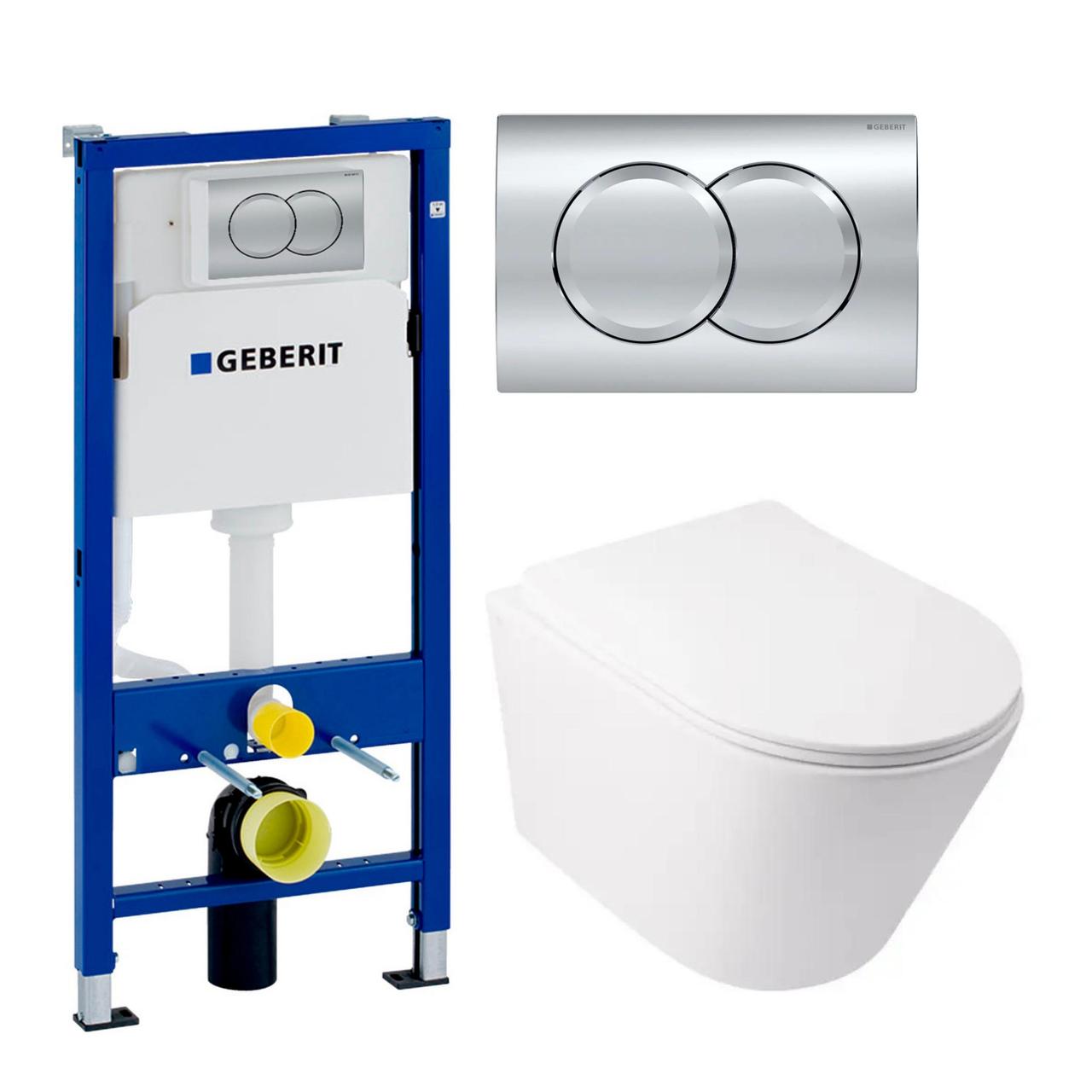 Комплект 5в1: Інсталяція Geberit із клавішею+ Підвісний безобідковий унітаз Swan