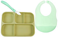 Набор посуды 2Life пяти-секционная тарелка A1, ложка и слюнявчик Зеленый (vol-10465)