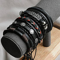 Комплект мужских кожаных браслетов на руку с "Пером" (В комплекте 5 браслетов)
