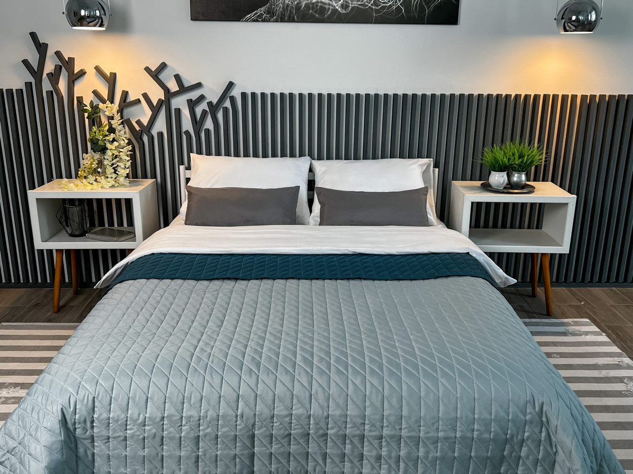 Покривало ArCloud 200*220 стьобане двокольорове, 3795_romb_grey+indian_teal