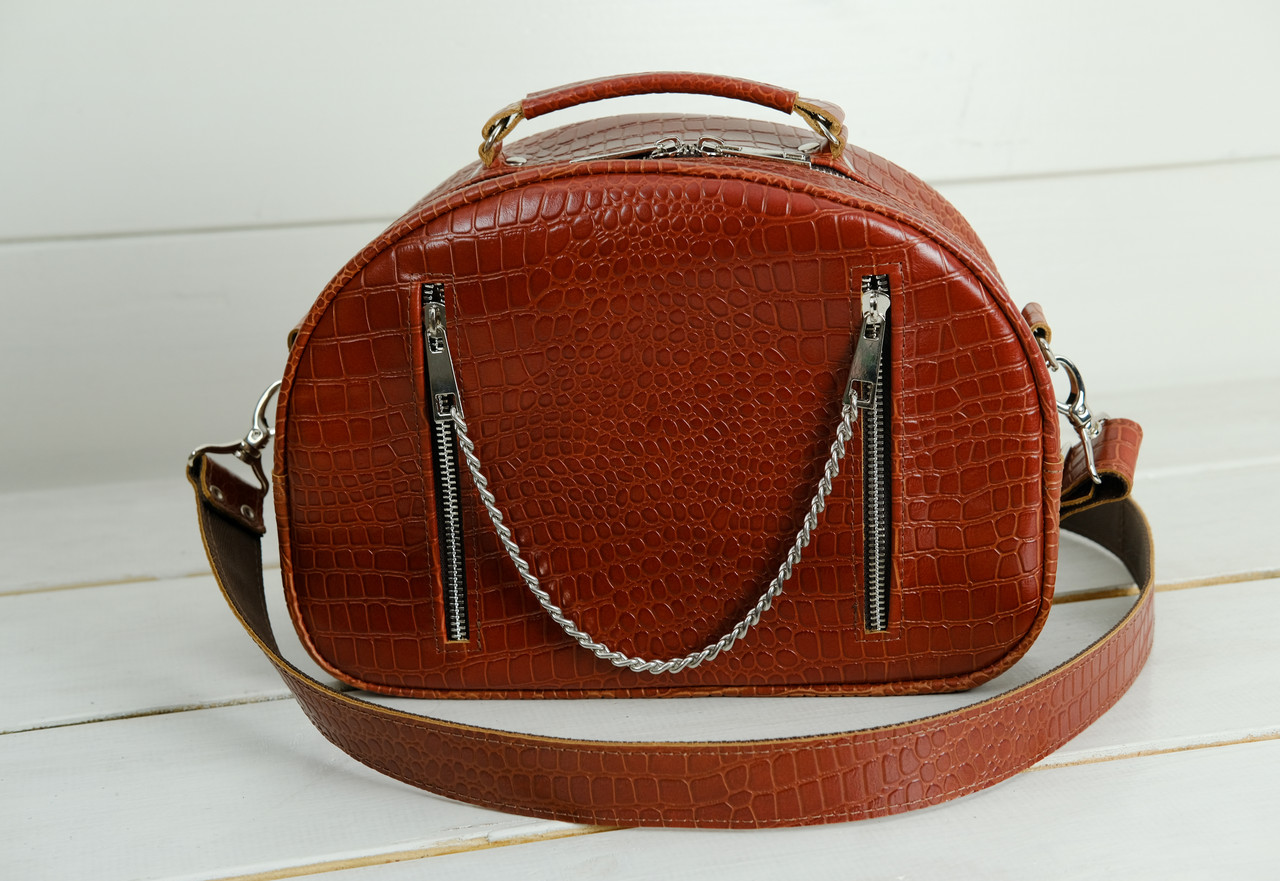 Жіноча шкіряна сумка Грета, натуральна шкіра, тиснення "крокодил", колір коньяк