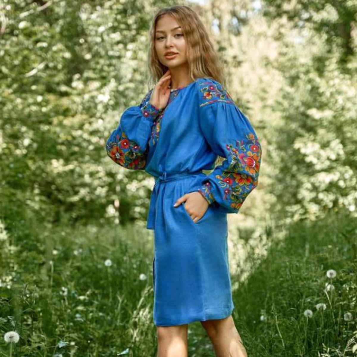 Жіноча сукня з вишивкою льон синя