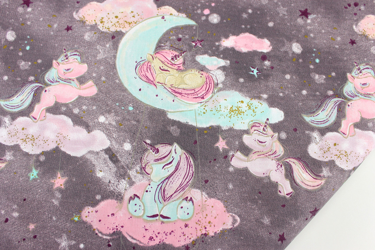 Тканина бавовняна "Єдинороги на місяці" (гліттер )фон капучіно №1344, фото 1