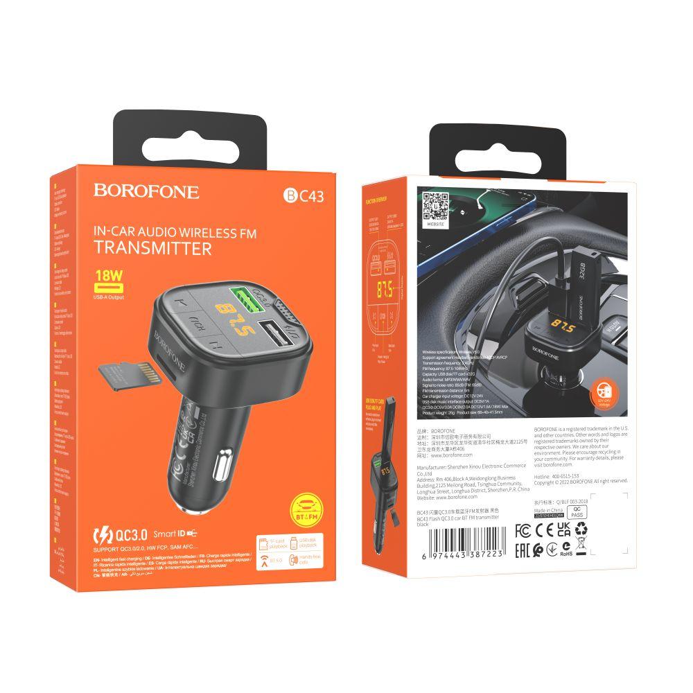 Модулятор Borofone BC43 Flash QC3.0 car BT FM transmitter Цвет Чёрный - фото 1 - id-p1886190057