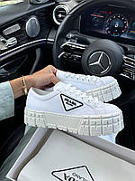Женские кроссовки Prada Double Wheel Nylon Gabardine White Premium (белые) стильные красивые на платформе P008