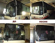Изготовление и замена лобового стекла на автобусе Van Hool Alizee в Никополе (Украина) 1