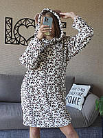 Модная туника женская для дома из махры с леопардовым принтом и капюшоном с ушками с карманами