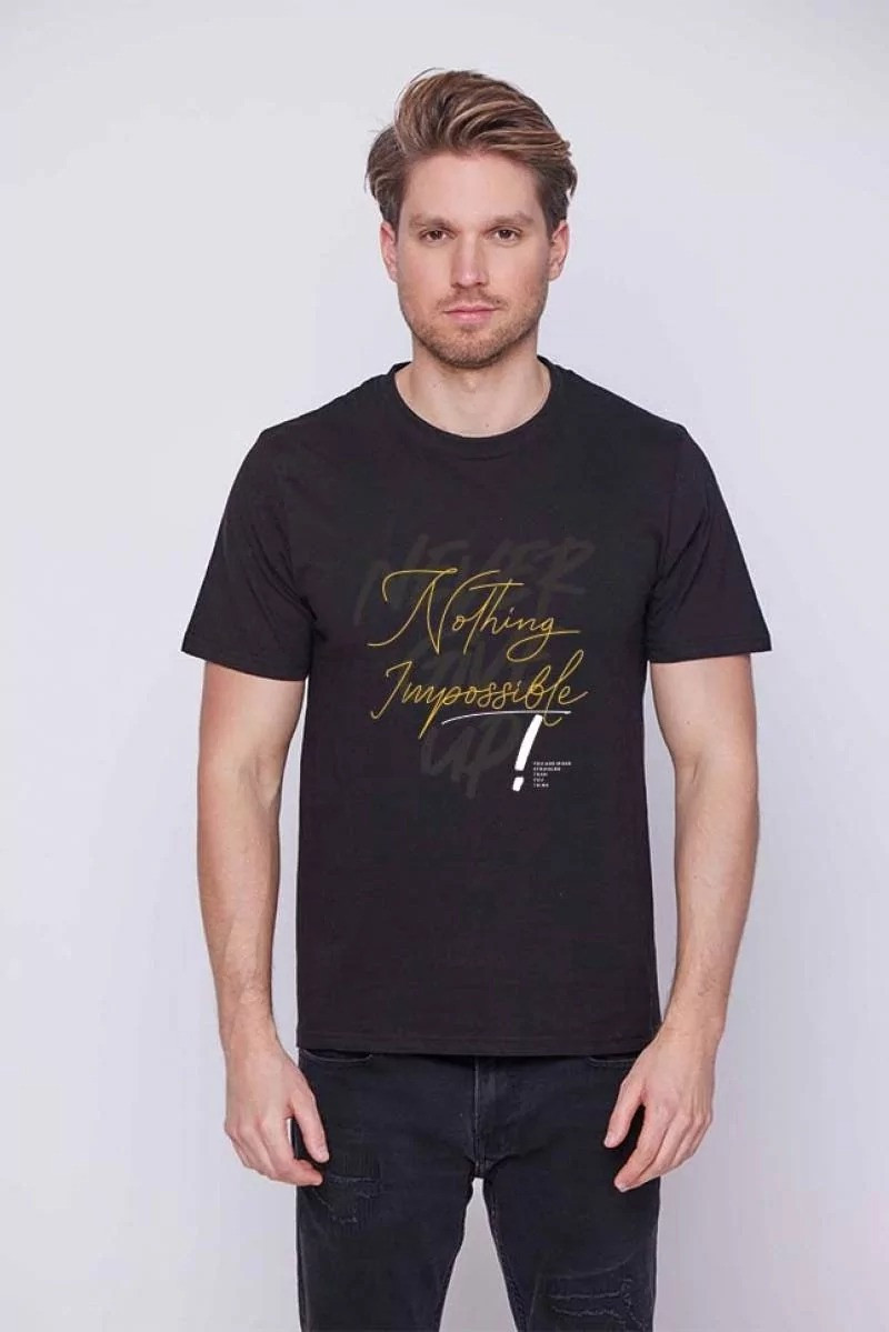 Чоловіча бавовняна трикотажна футболка з написом NOTHING IMPOSSIBLE в чорному кольорі, фото 1