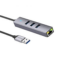 Хаб Hoco HB34 Easy link USB Gigabit Ethernet adapter(USB to USB3.0*3+RJ45) Metal Gray